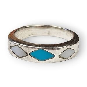 Navajo Sterling Ring Turquoise MOP Wedding Band Inlay Native 925 Silver Vtg 5.75
